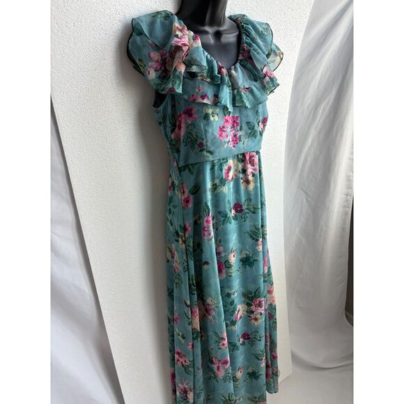 FabAlley Georgette A Line Maxi Casual Dress Size S Feminine Romantic Blue Floral - Picture 4 of 13